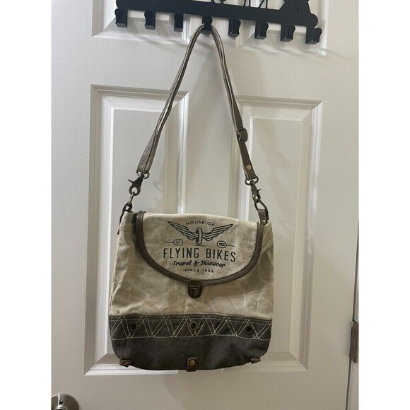 Myra - "Flying Bikes" Cross Body Bag - Canvas - Brown / Tan / Gray USED - Picture 1 of 16